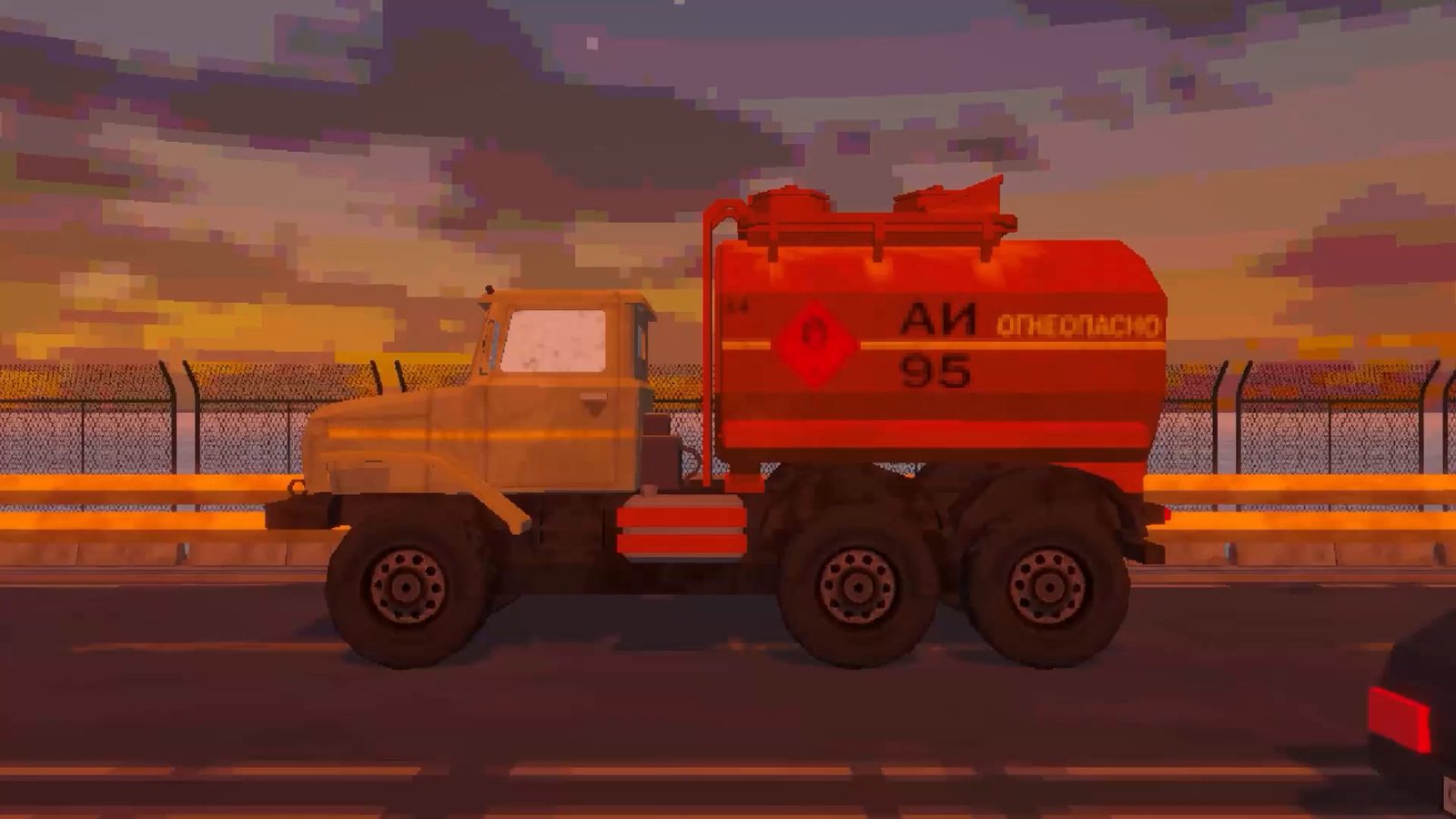 6x6 fuel tanker driving across the bridge at sunset